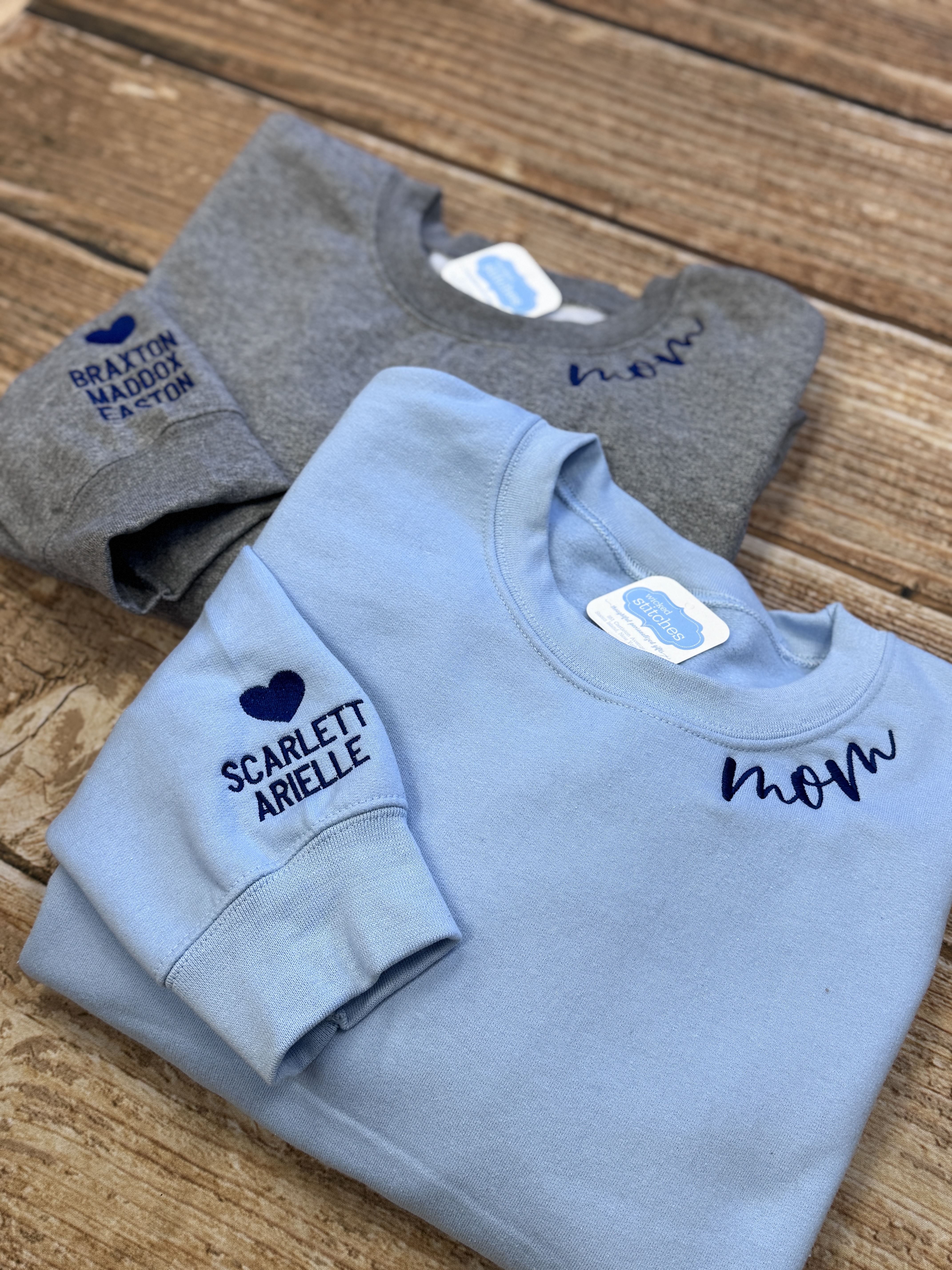 Mom Crew Sweatshirt with Kids Names on Sleeve